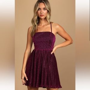 NWT Lulus Party Era Magenta Sparkly Lace-Up Pleated Skater Dress